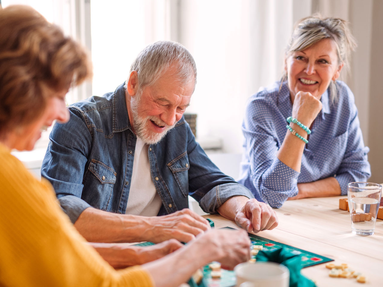 Tre ældre hygger sig med brædtspil