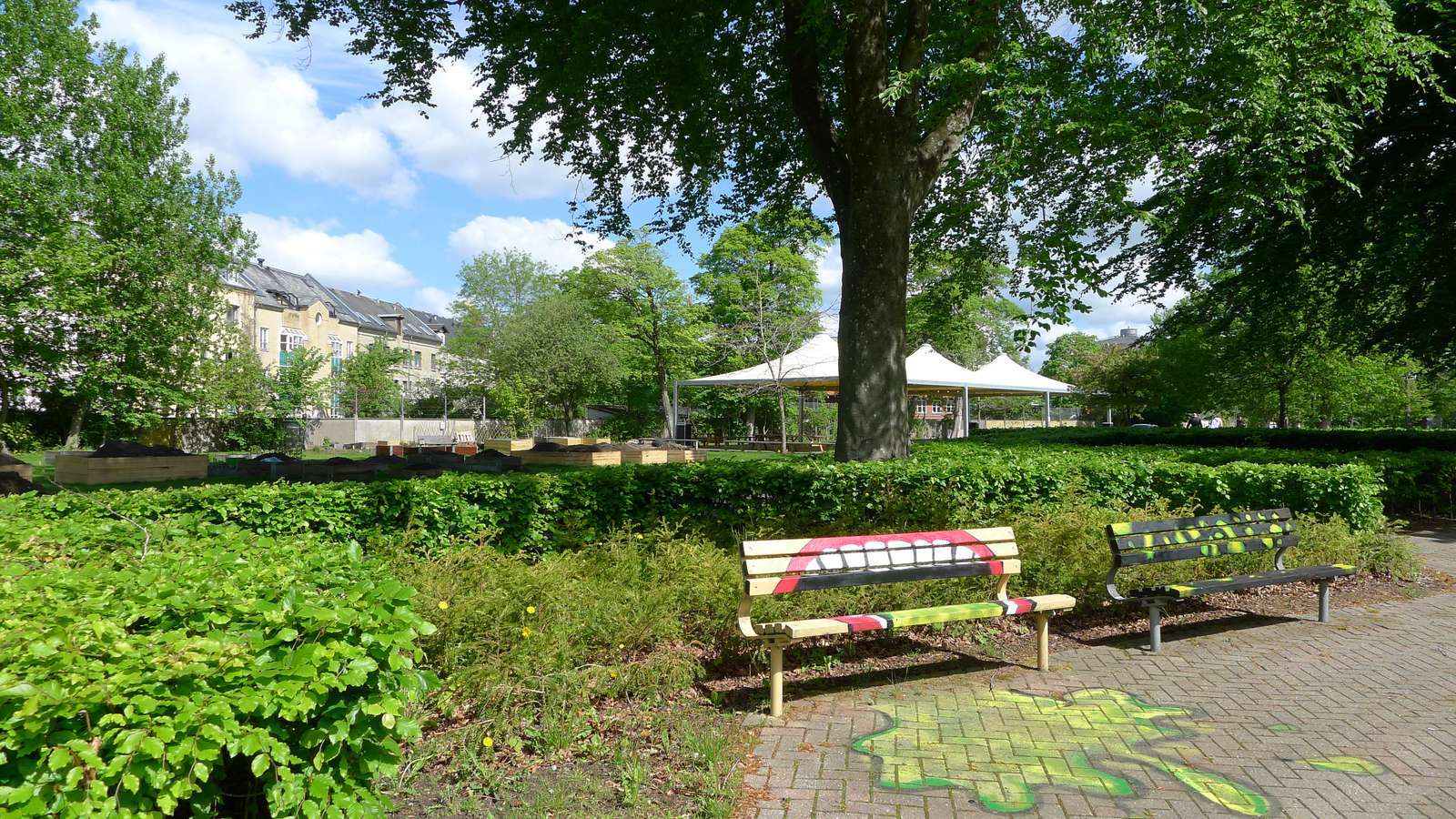 Bænke I En Park, Der Er Malet Med Grafitti